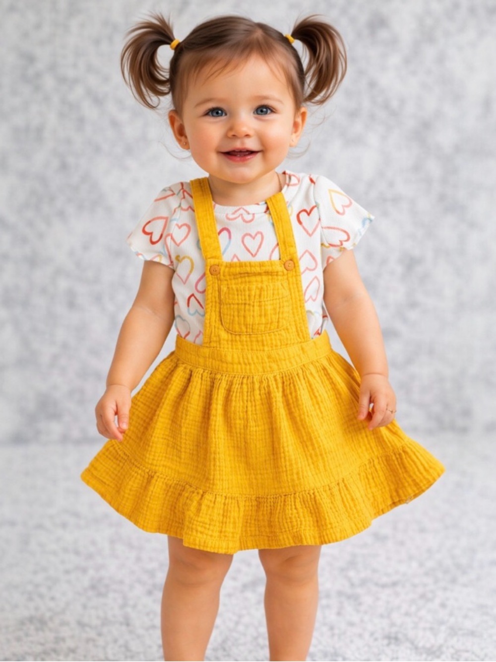 Cat & Jack Toddler Outfit 18M Yellow Pinafore Dress Heart Print Shirt Set